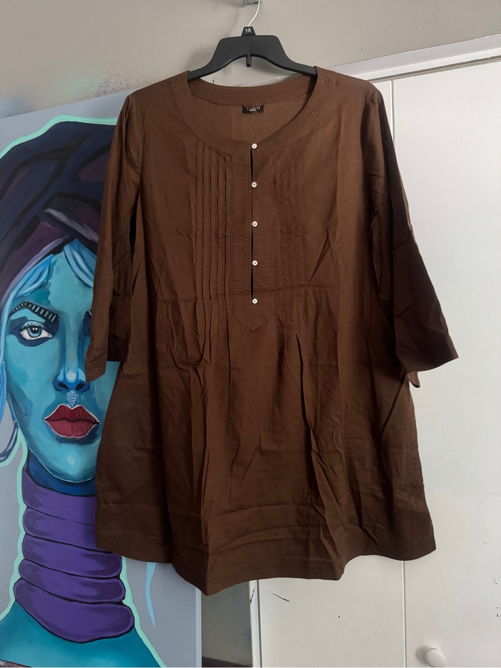 TALBOTS Brown 100% Cotton Sheer Pintuck Tunic Dress 2XL Oversized Mini Pockets